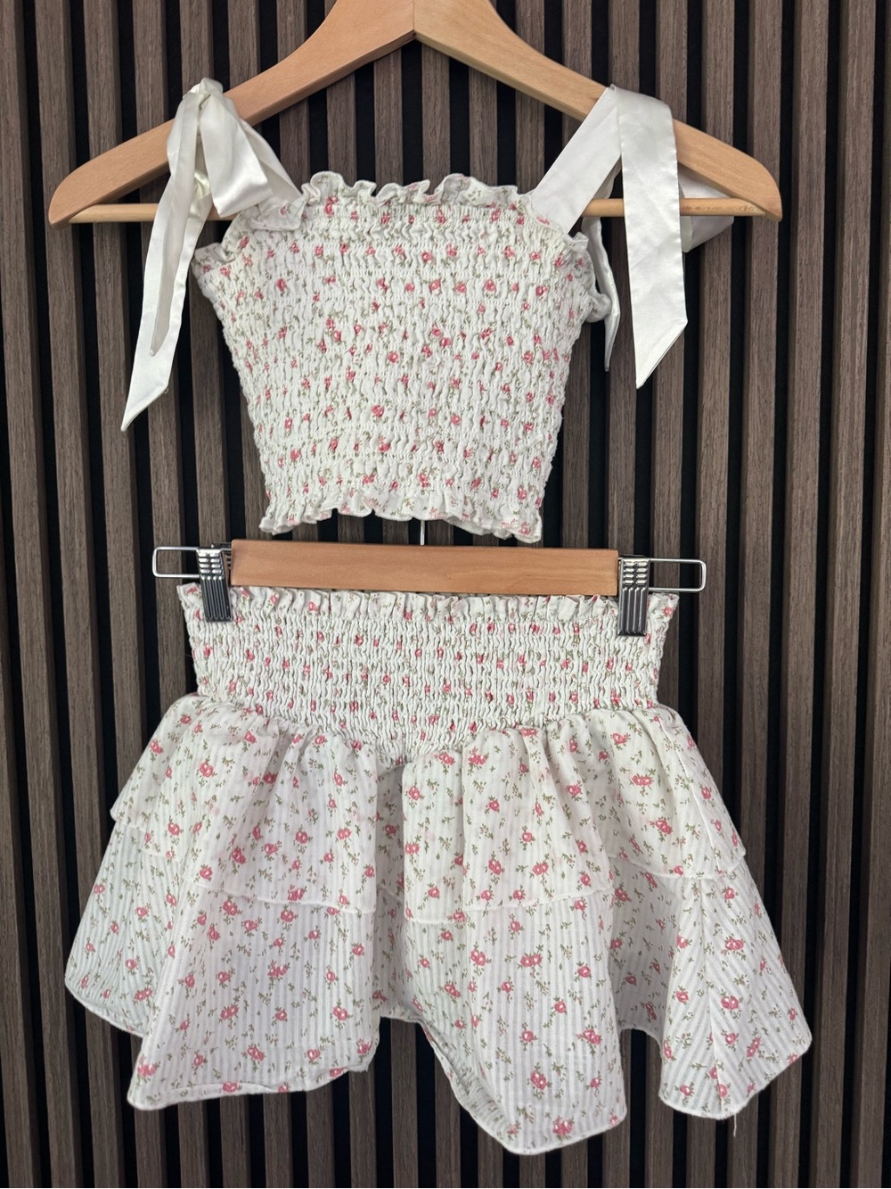 Katie J NYC White Floral Smocked Skirt - Pink Accent